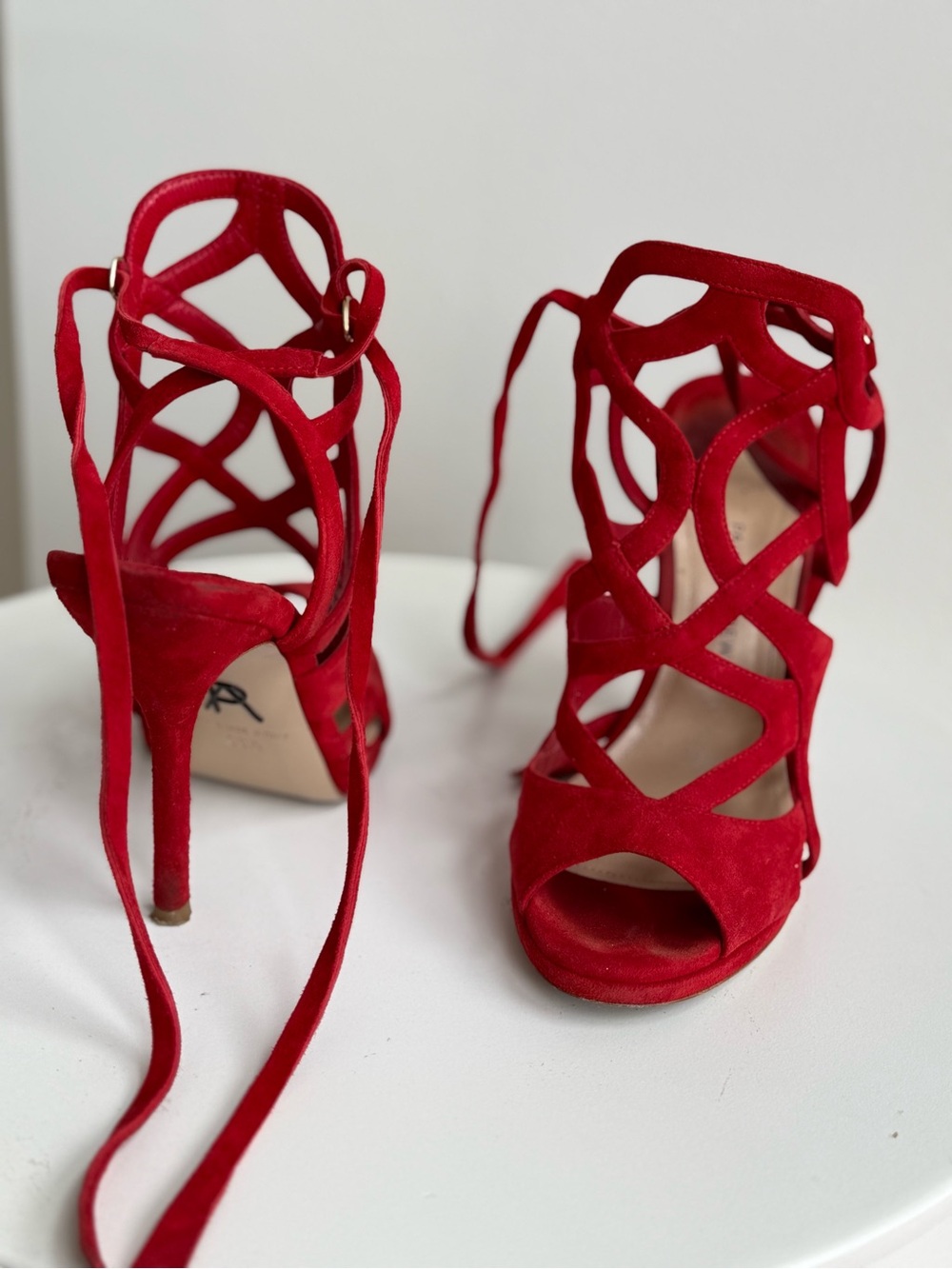 Paul Andrew Red Suede Cutout Lace-Up Heels